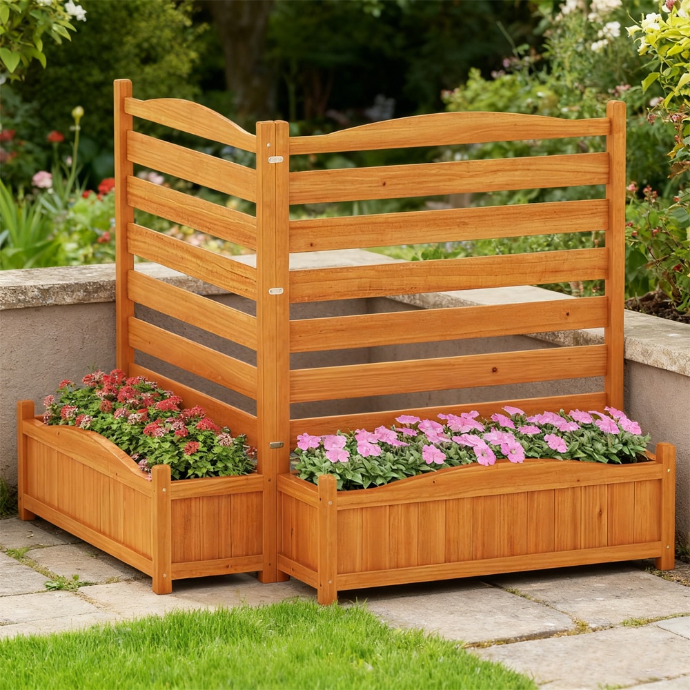 Freestanding Wooden Garden Privacy Screen With Integrated Planter_voghion.com